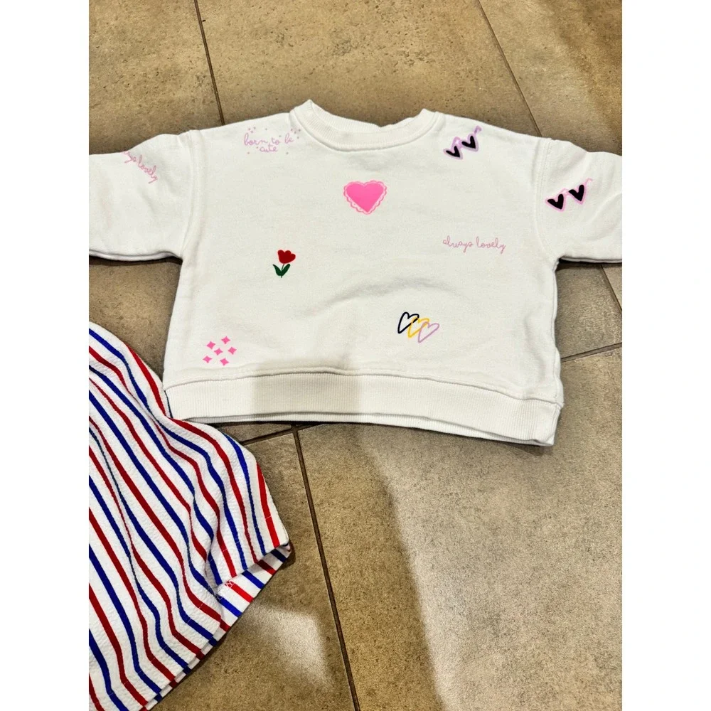 Zara Kids Girls Bundle Striped Seersucker Dress Graphic Heart Sweatshirt 12-18M